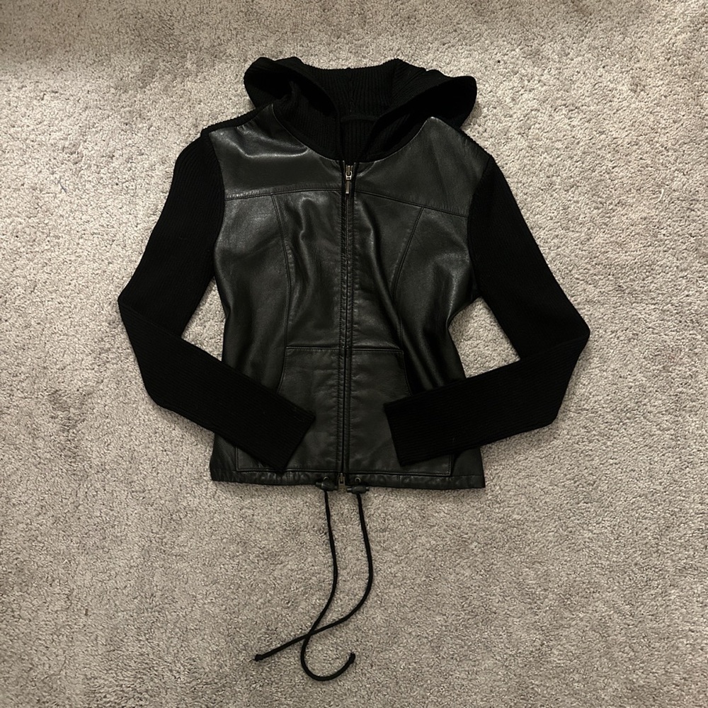 VINTAGE 90s 1/2 LEATHER 1/2 RIBBED CLOTH HOODED JACKET